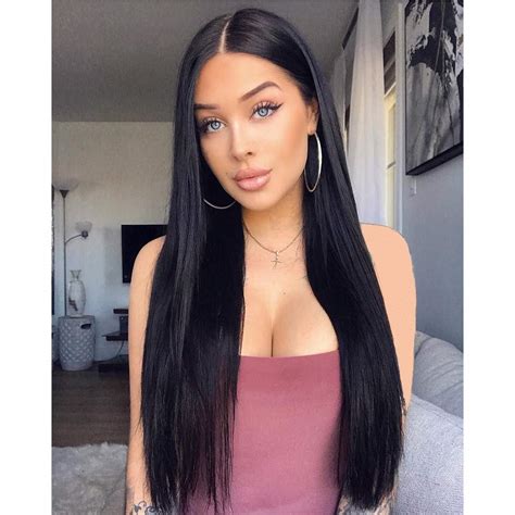 stamped glorious black wig long straight middle part wigs  women synthetic   women long