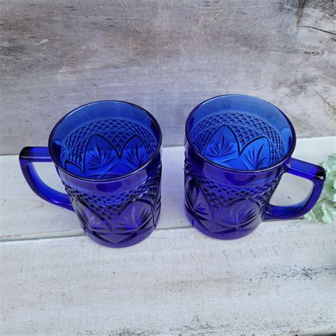 vintage cobalt blue glass mugs  luminarc cristal etsy