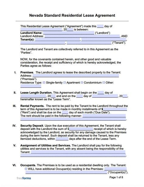 nevada standard residential lease agreement template  word