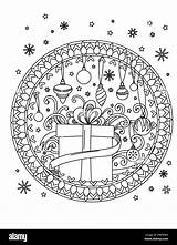 Mandala Christmas Coloring Holiday Vector Illustration Decore Ribbond Balls Drawn Alamy Gifts Hand Adult Book sketch template