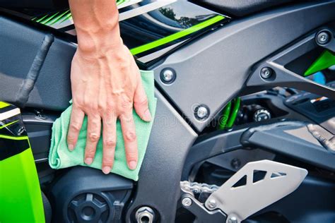 cleaning motorcycle stock photo image  polishing