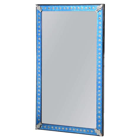 Blue Glass Frame Midcentury Mirror With Silver Dots All