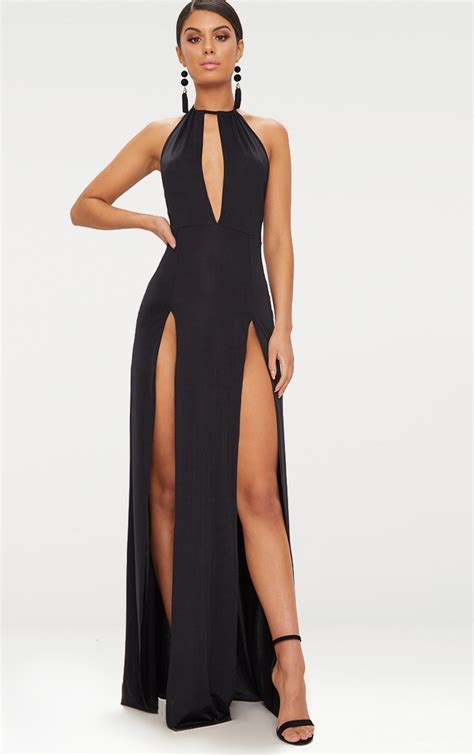 black high neck split maxi dress tops prettylittlething