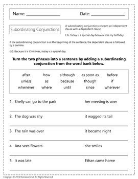 subordinating conjunctions worksheets  homework hut tpt
