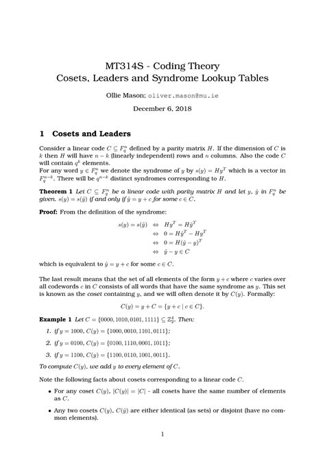 mts coset leaders mts coding theory cosets leaders  syndrome lookup tables ollie