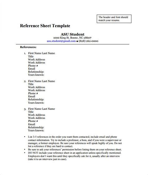 reference sheet template writing  reference reference page  resume