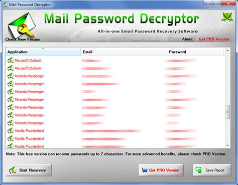 mailpassworddecryptor showing recovered passwords