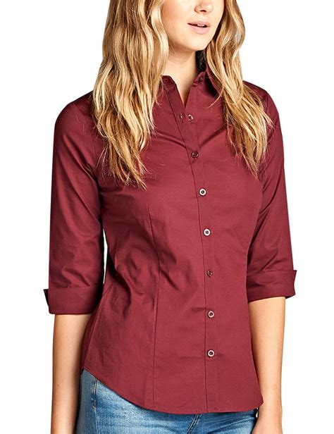 Womens Classic Solid 3 4 Sleeve Button Down Blouse Dress Shirt Kogmo