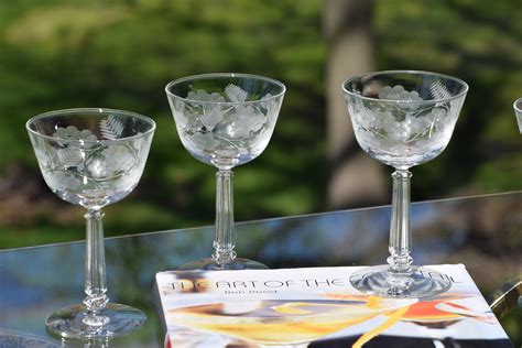 vintage floral etched tall cocktail martini glasses set