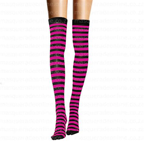 pink and black stripe thigh high stockings masquerade costume hire