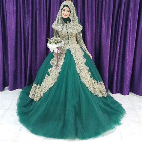 Green Muslim Wedding Dresses Hijab Long Sleeves Lace Bride Saudi Arabic
