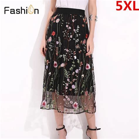 S 5xl 2018 Flower Emboridery Long Mesh Skirts Women High Waist Long La