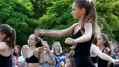 kherson ukraine aug 29 2015 teen girl dance troupe active dancing at a fest on public place