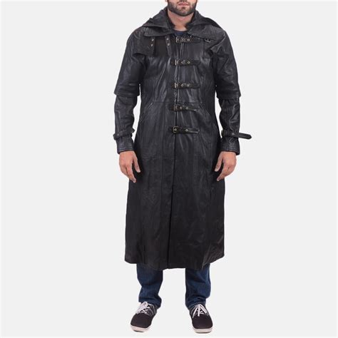 mens huntsman black hooded leather trench coat