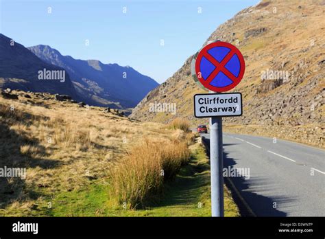 clearway sign  mountain road  llanberis pass    pass  stock photo  alamy