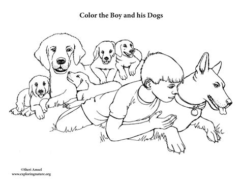 boy  pet dogs coloring page