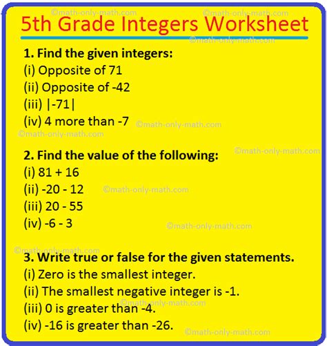 grade integers worksheet addition  subtraction  integers