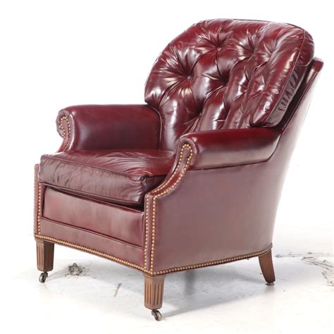 hancock moore button tufted  brass tacked leather club chair