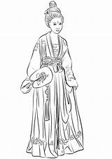 Coloring Chinese Hanfu Dress Woman China Pages Wearing Drawing Traditional Kids Printable Terracotta sketch template