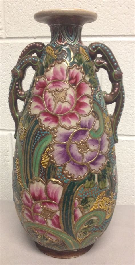 antique nippon satsuma art nouveau heavy moriage floral handled vase