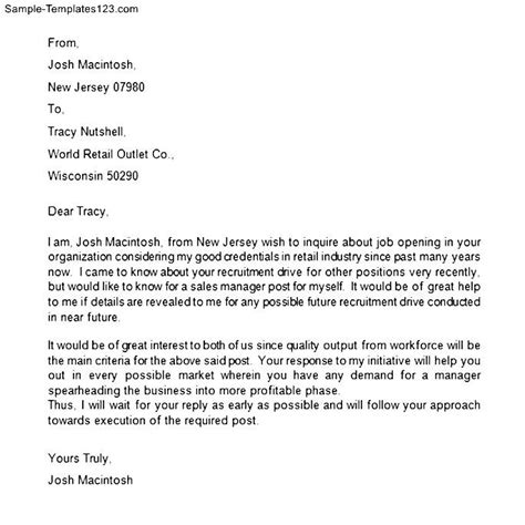 job inquiry letter sample templates sample templates