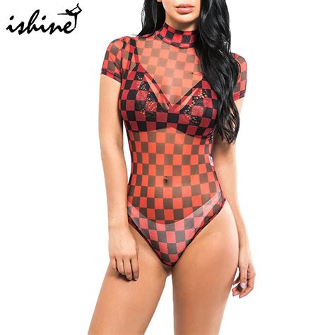 Mesh Plaid Bodysuits Female Stand Collar Long Sleeve Hollow Fitness