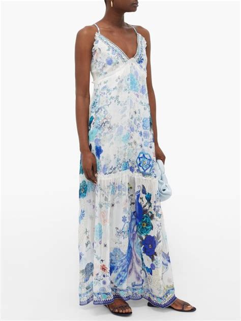 Camilla Beaded Crossover Back Floral Print Silk Maxi Dress Blue White