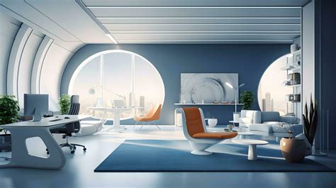 modern futuristic interior office design  warm tones  blue