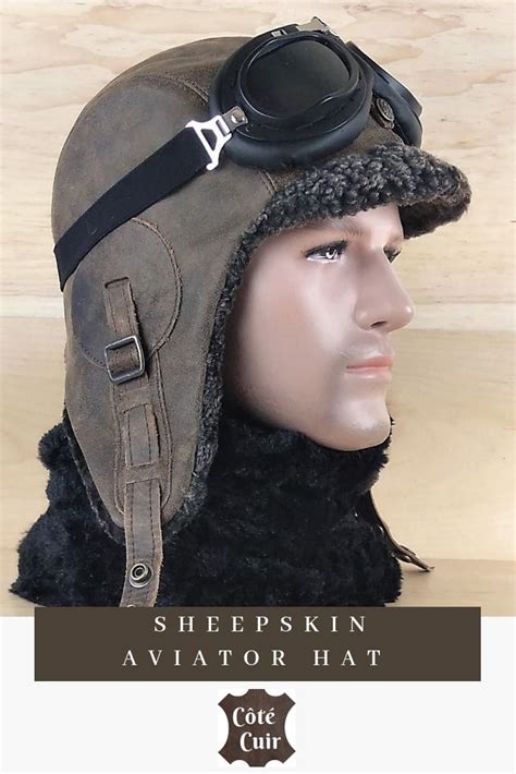 Gray Sheepskin Aviator Hat Brown Leather Simon Model Aviator Hat