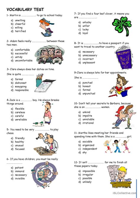 vocabulary test english esl worksheets