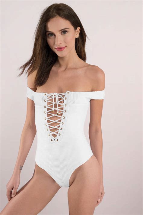 Blue Life Lace Up White Off Shoulder One Piece Swimsuit 105 Tobi Us