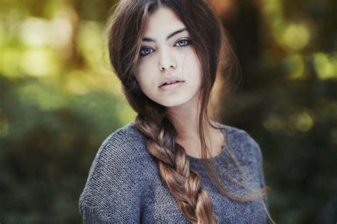 women model brunette braids green eyes long hair