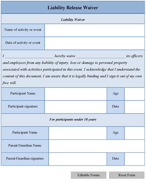 general liability waiver form  printable documents