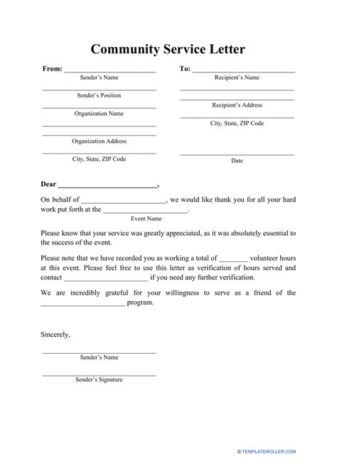 community service letter template  printable  templateroller