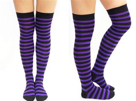 purple and black striped gothic thigh high socks