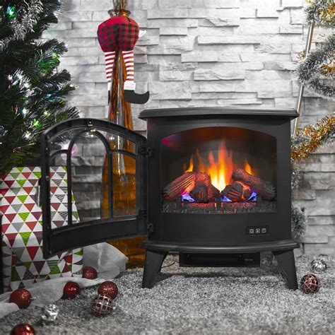 della  freestanding electric fireplace heater flame display log wood remote