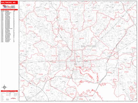 Baltimore Maryland Zip Code Wall Map Red Line Style By