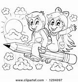 Children School Clipart Cartoon Flying Happy Pencil Writing Coloring Clip Royalty Visekart Kids Vector Pages Drawing Child Clipartof Colouring Clipground sketch template