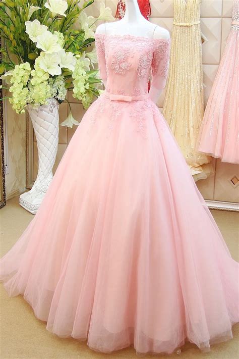 Elegant Long Pink Prom Dresses Sexy Boat Neck Half Sleeve Evening