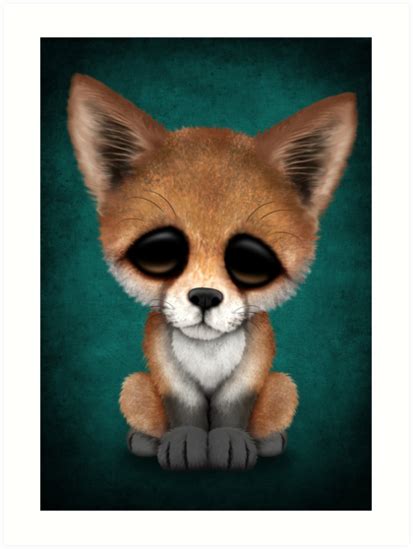 Cute Red Fox Cub On Teal Blue Art Prints By Jeff Bartels
