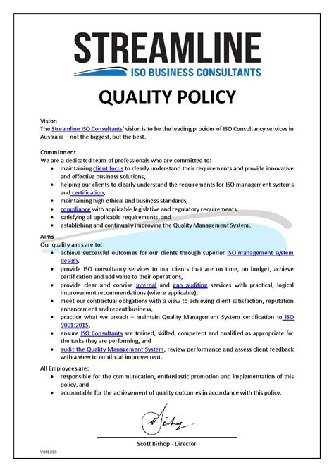 quality policy streamline iso consultants