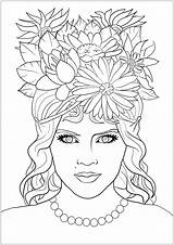 Coloring Pages Woman Girl Beautiful Fancy Flowers Face Fantasy Hair Adult Adults Elf Stress Anti Flowered Hypnotic Gaze Comments sketch template