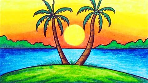 sunset simple beautiful easy scenery drawing easy nature scenery