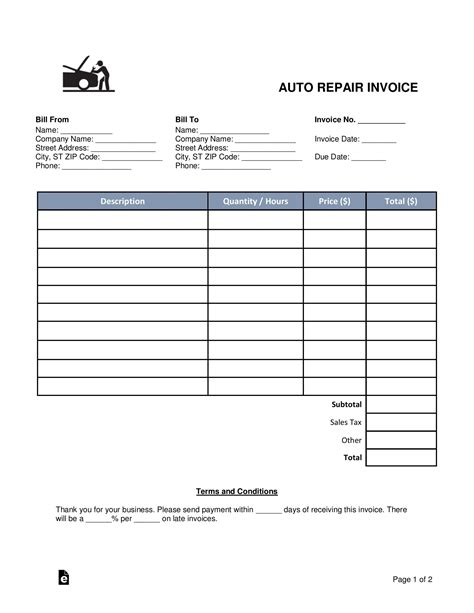 printable auto repair work order template