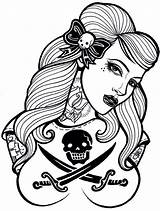 Girl Coloring Pinup Pirate Rockabilly Pages Tattoo Girls Skull Tattoos Designs Clipart Book Draw Drawing Outline Face Color Clip Dead sketch template