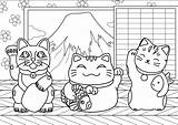 Maneki Neko Giappone Japon Fuji Malbuch Erwachsene Fur Adulti Chats Mont Coloriages Coloriez Trois Devant Justcolor sketch template