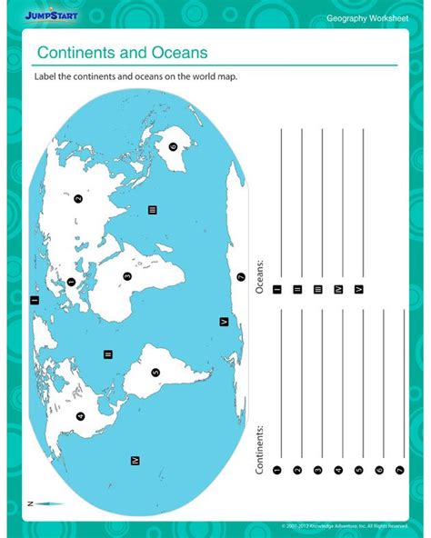 continents  oceans  printable geography worksheets  grade