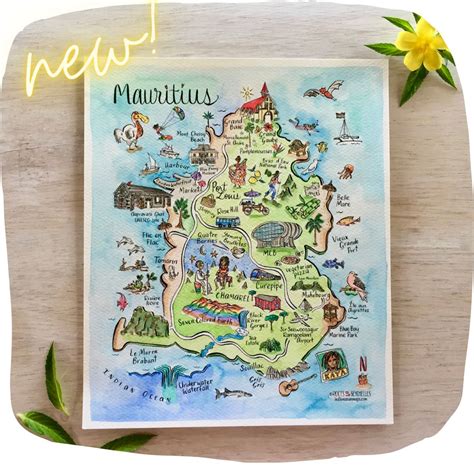 illustrated map  mauritius watercolor map painting gift