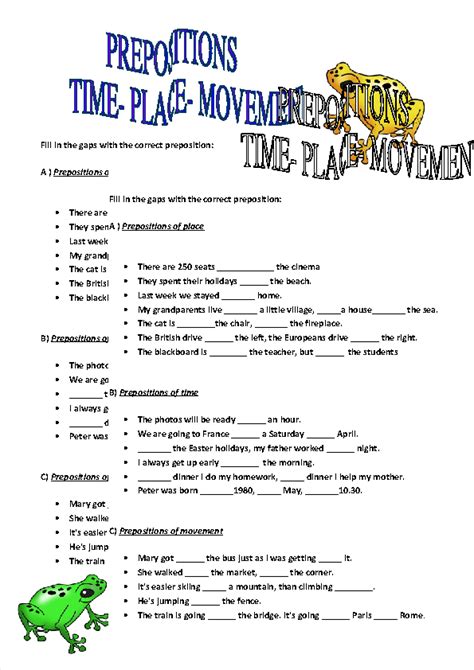 prepositions  time  place exercises  answers  exercise poster