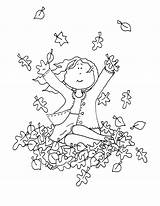Fall Playing Leaves Digi Stamps Girl Dearie Dolls Coloring Stamp Autumn Leaf Color sketch template